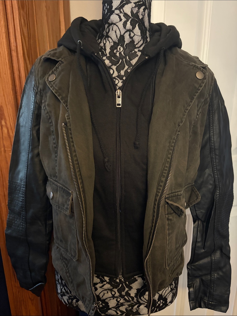 American Eagle Outfitters Black & Olive Mixed-Media Bomber Jacket